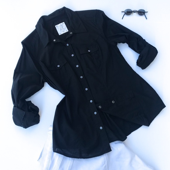 Style & Co. Tops - Style & Co Black Roll-Tab Pocket Snap Button Down